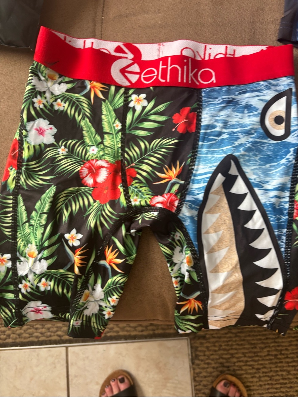 ethika Tropical Floral & Shark Graphic Boxer Briefs with Red Waistband
